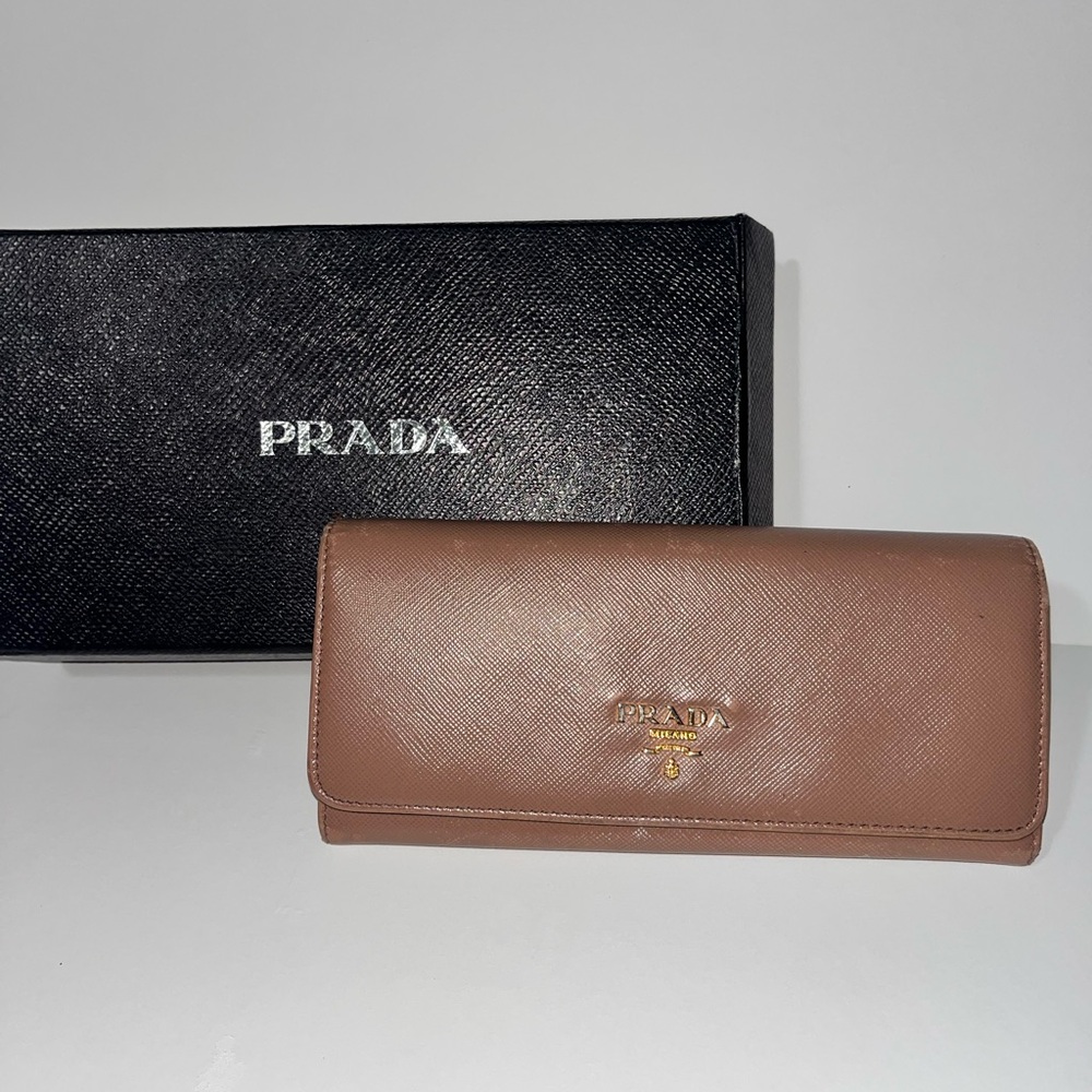 Prada Tan Leather Wallet with Gold Logo